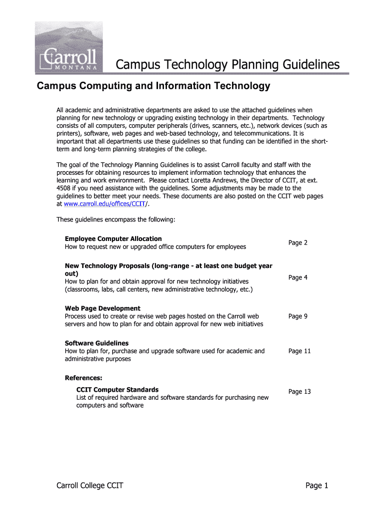 Campus Technology Planning Guidelines Carroll College Carroll  Form