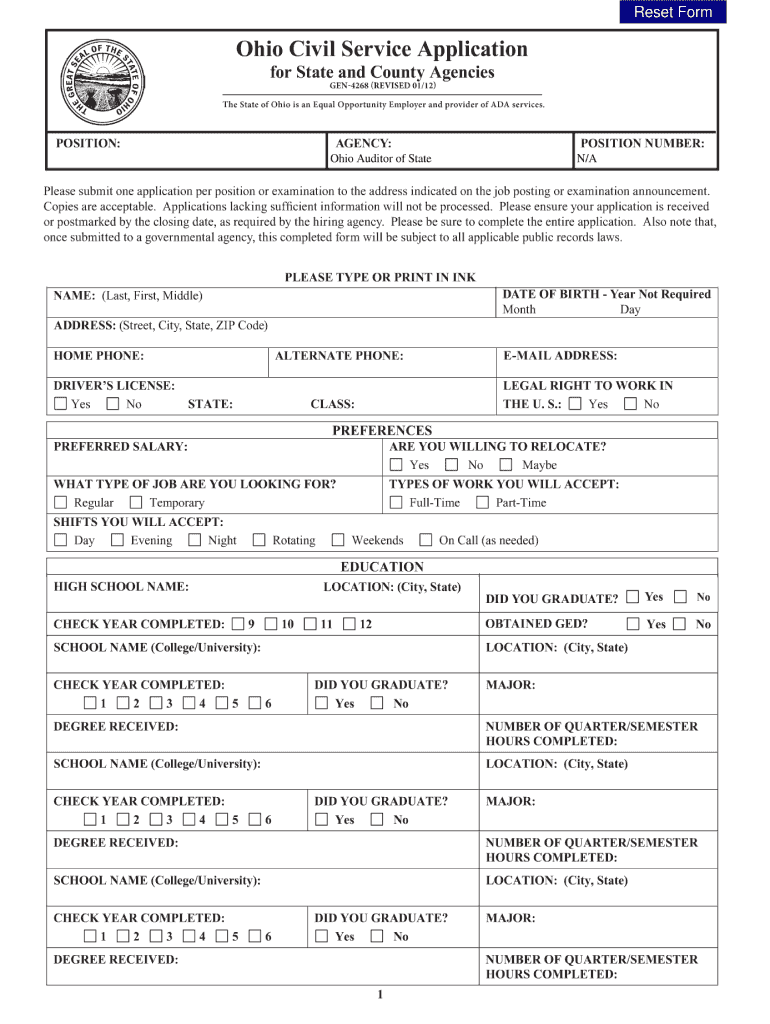 Ohio Civil Service Application  Form