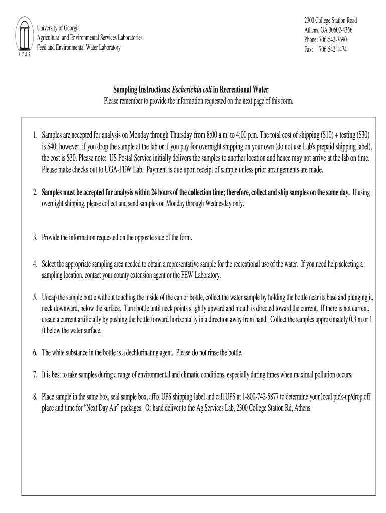 Sampling Instructions Escherichia Coli E Aesl Ces Uga  Form