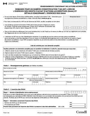 DEMANDE POUR UN NUM RO D &#039;IDENTIFICATION T100 NIT LORS DE L &#039;EXERCICE DES DROITS D &#039;ACHAT D &#039;ACTIONS ACCR DI  Form