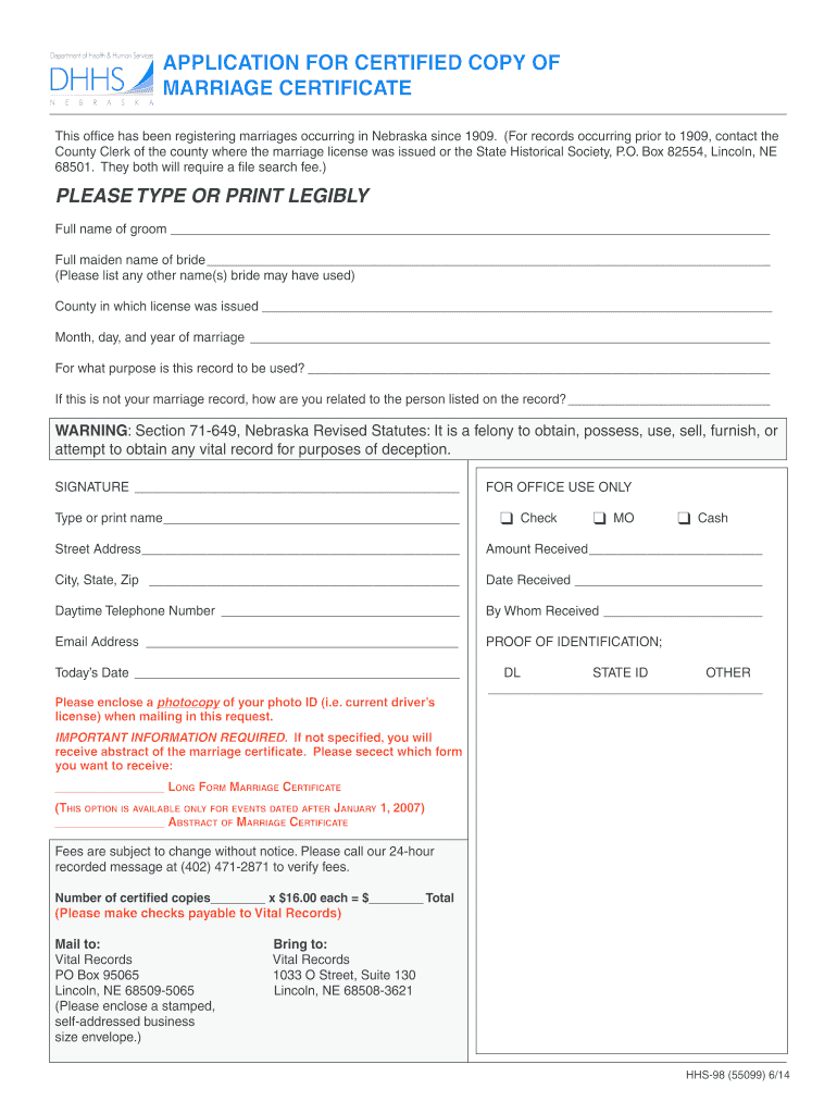 APPLICATION for CERTIFIED COPY of MARRIAGE CERTIFICATE Dhhs Ne  Form