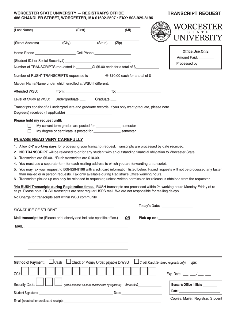 Worcester State Transcript  Form