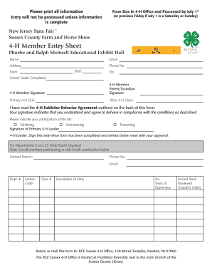 4 H Member Entry Sheet Sussex4h  Form