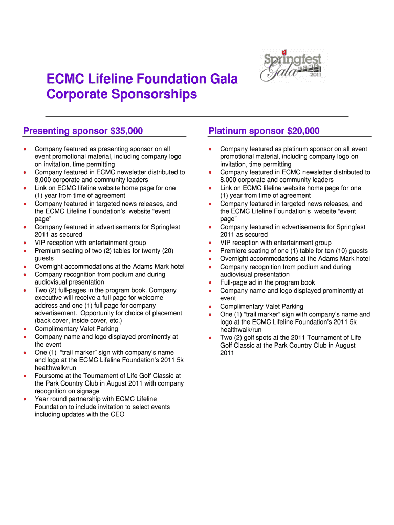 ECMC Lifeline Foundation Gala Corporate Sponsorships Ecmc  Form