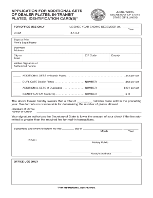 APPLICATION for ADDITIONAL SETS of DEALER PLATES, in  Form