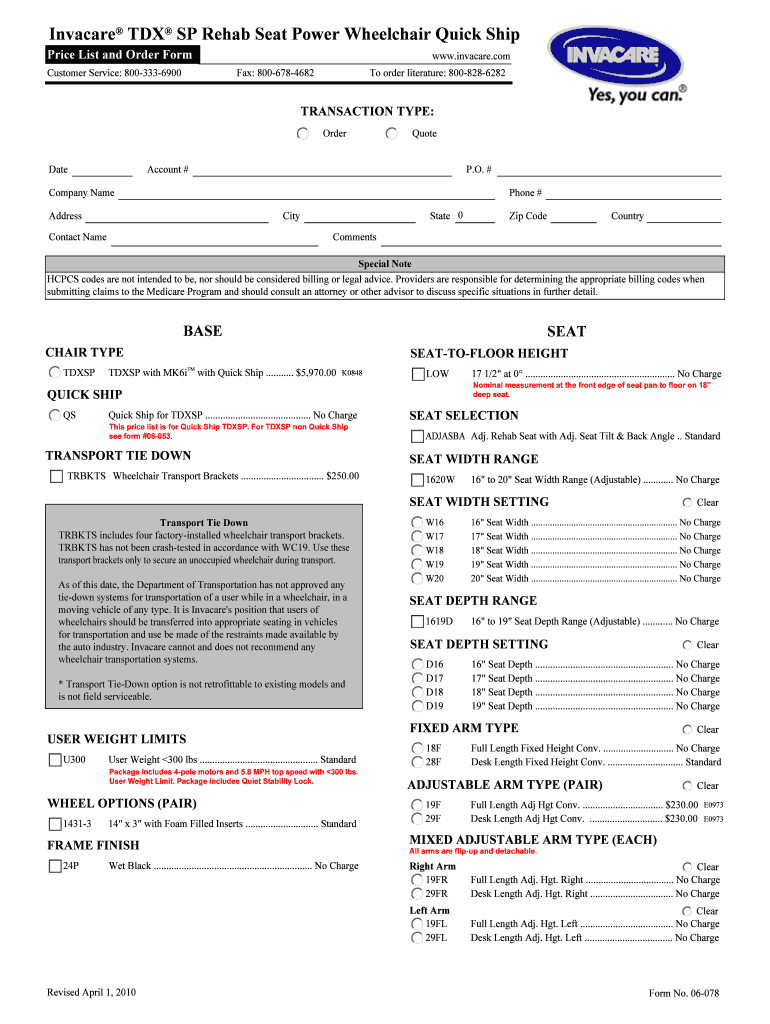 Invacare TDX SP Rehab Seat Power Wheelchair Quick Ship  Form