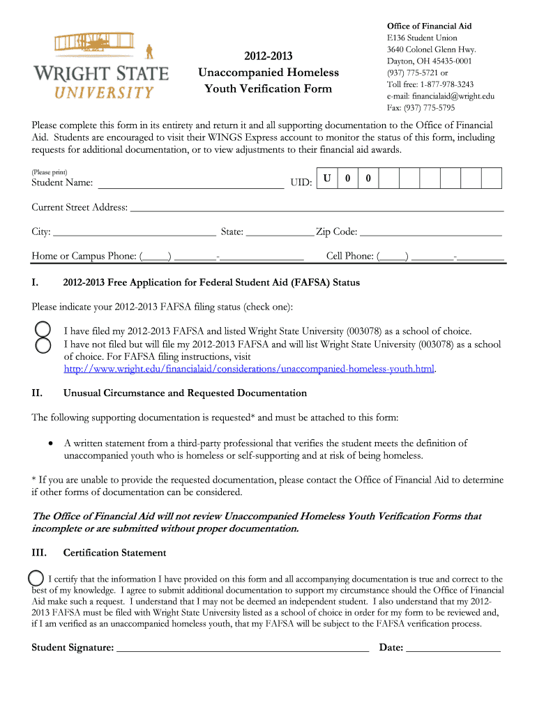 Unaccompanied Homeless Youth Verification Form Wright