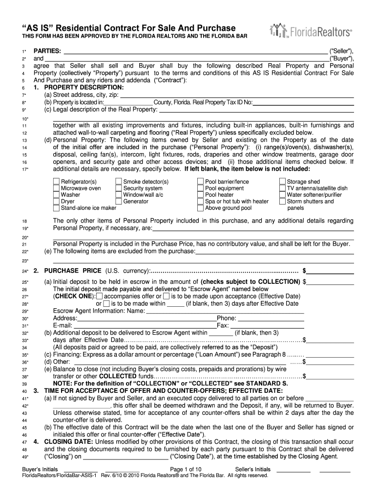 As is Residential Contract for Sale and Purchase Florida Fillable  Form