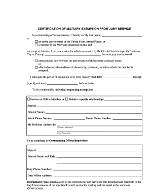 Certification of Military Exemption from Jury Service Form