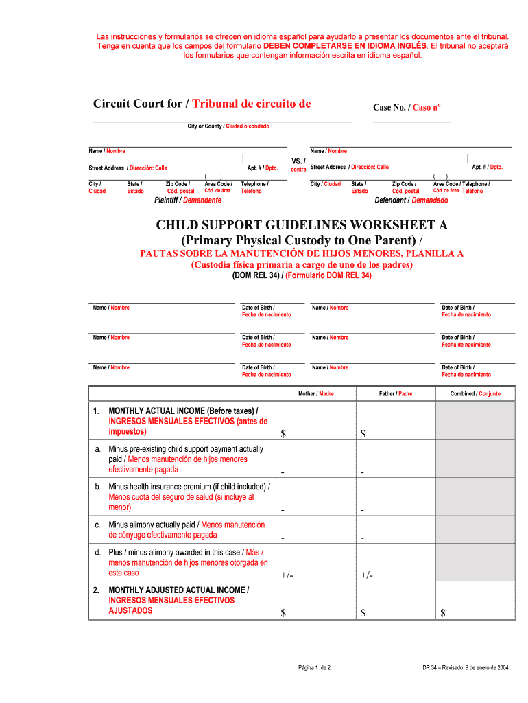 Child Support Guidelines Worksheet a Courts State Md  Form