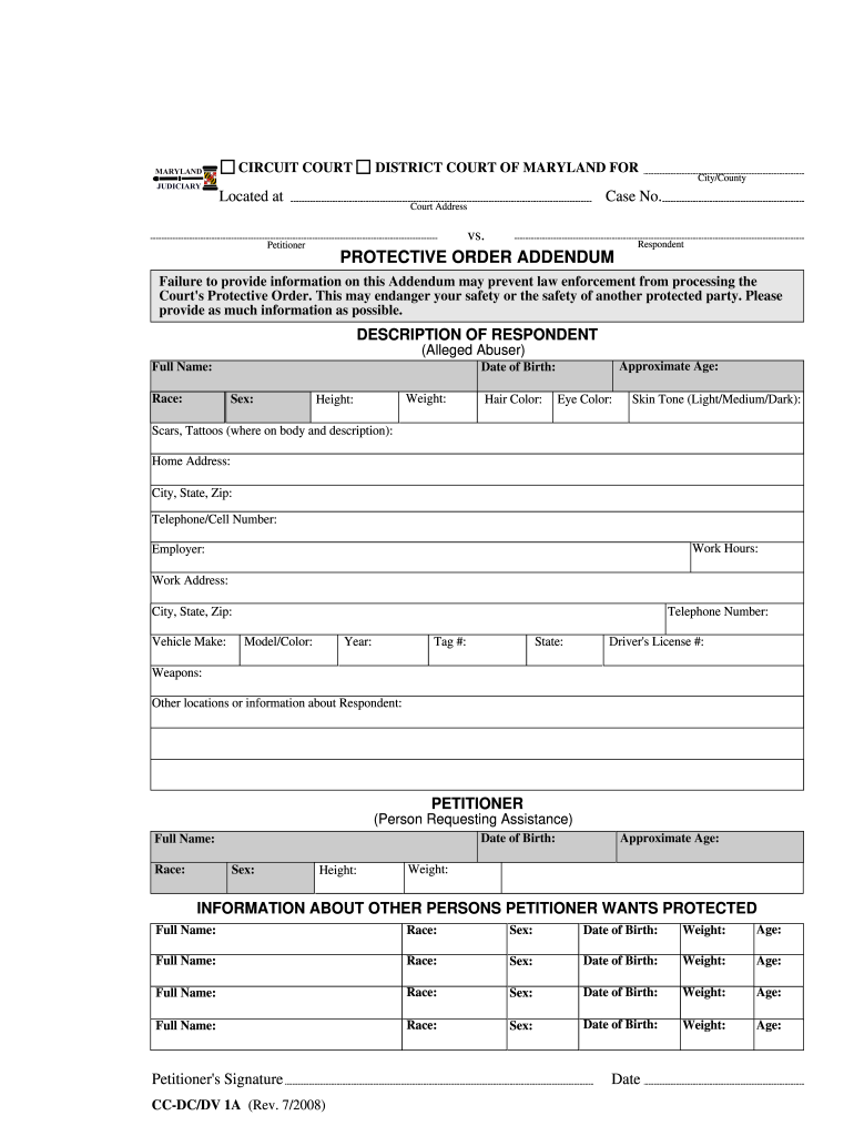  Maryland Protective Order Addendum  Form 2008