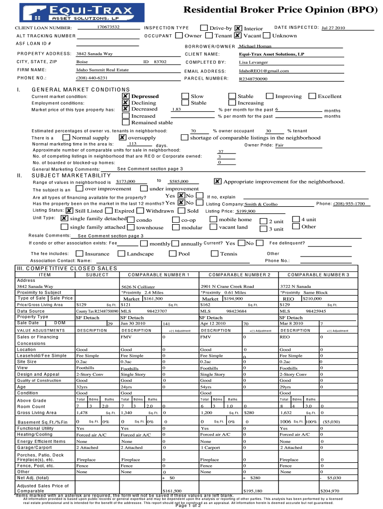 Broker Price Opinion Sample  Form