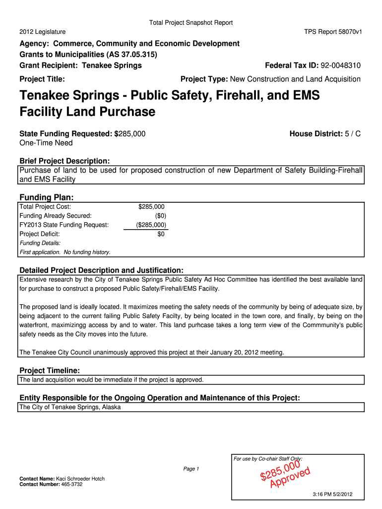 Tenakee Springs Public Safety, Firehall, and EMS Facility Land Omb Alaska  Form