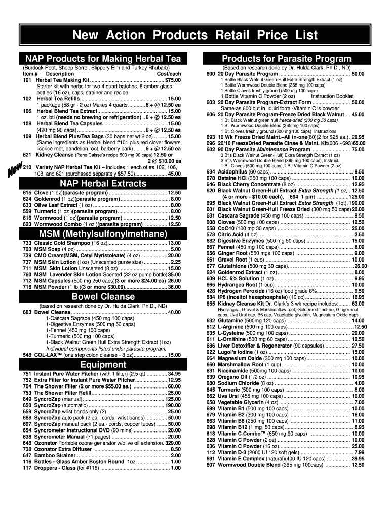 New Action Products Retail Price List &amp; Order Form