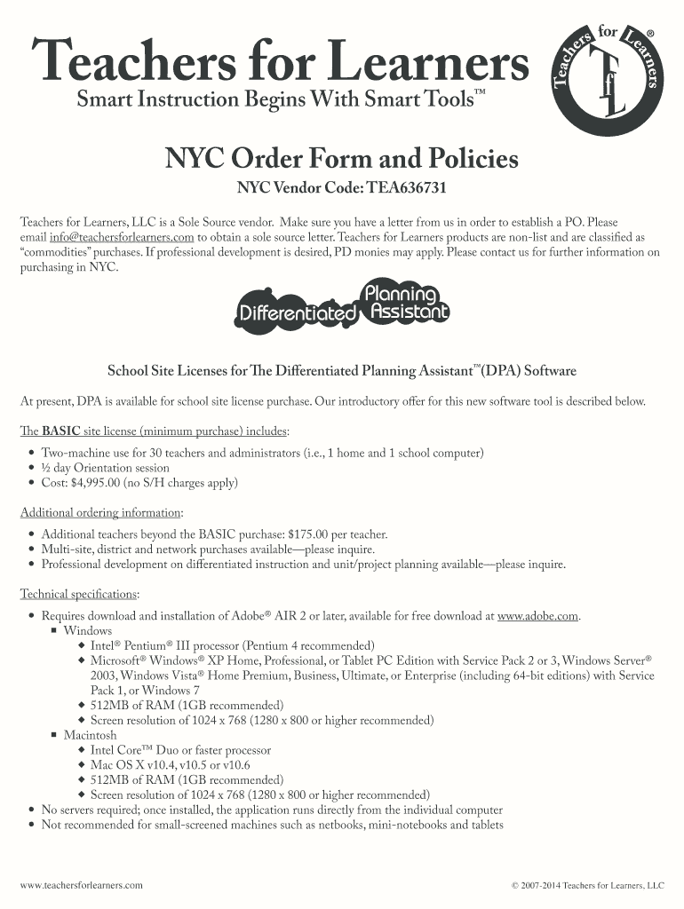 Teachers for Learners Product Order Form NYC