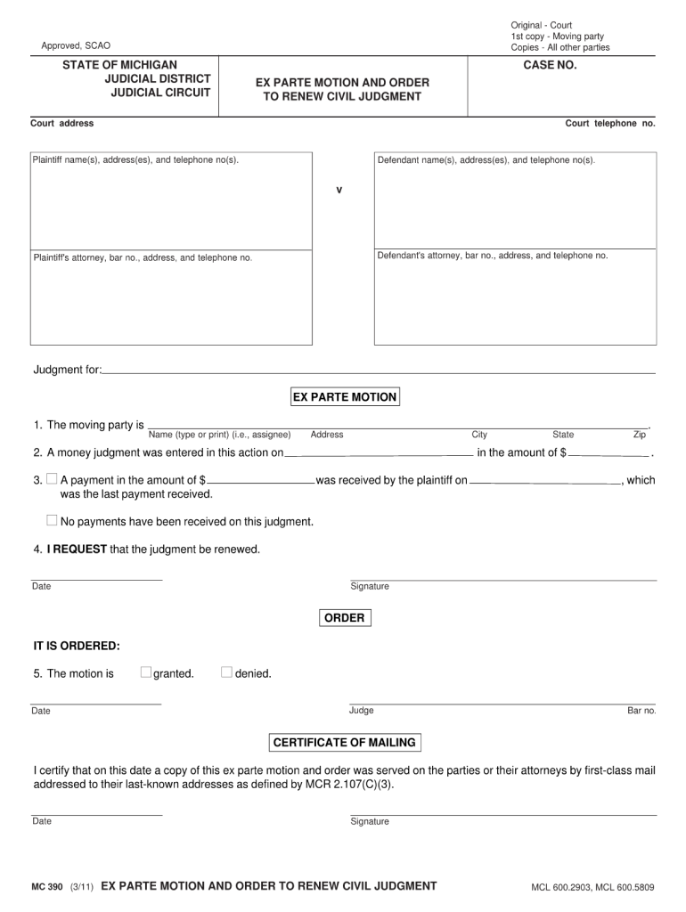 Emergency Ex Parte Order of Custody Michigan Form 2011