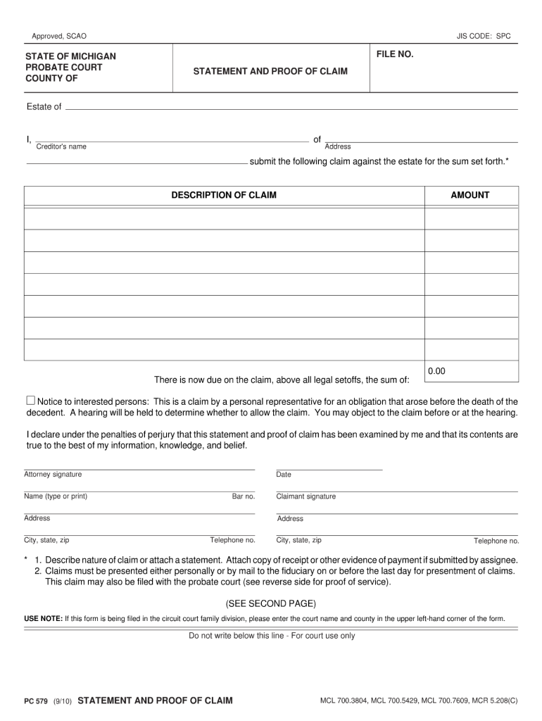  Proof of Claim Form Pc 579 Michigan 2010