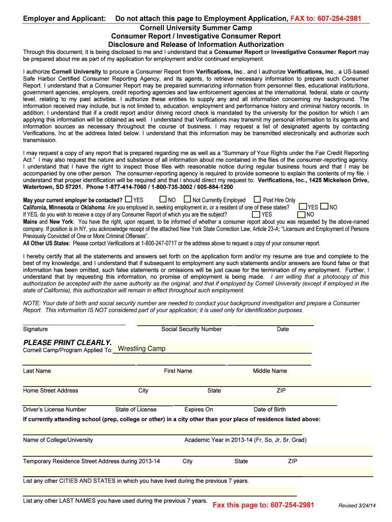 Employer and Applicant Cornell University Athletics Cornell  Form