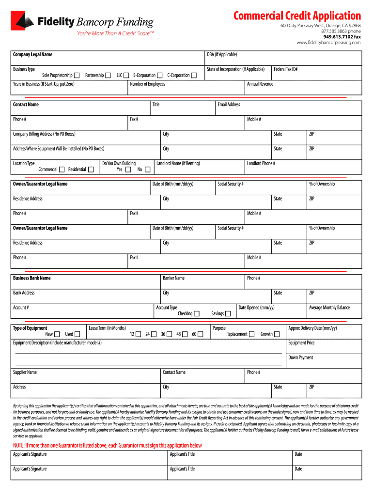 Commercial Credit Application Fidelitybancorpleasing Com  Form