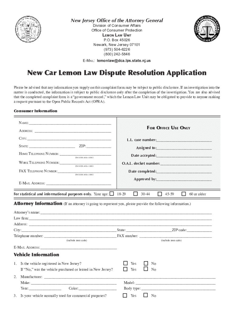 Nj Lemon Law Form