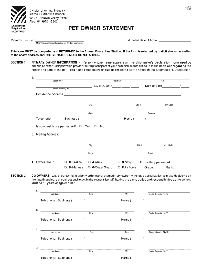  Aqs 2 Pet Owner Statement Form 2003