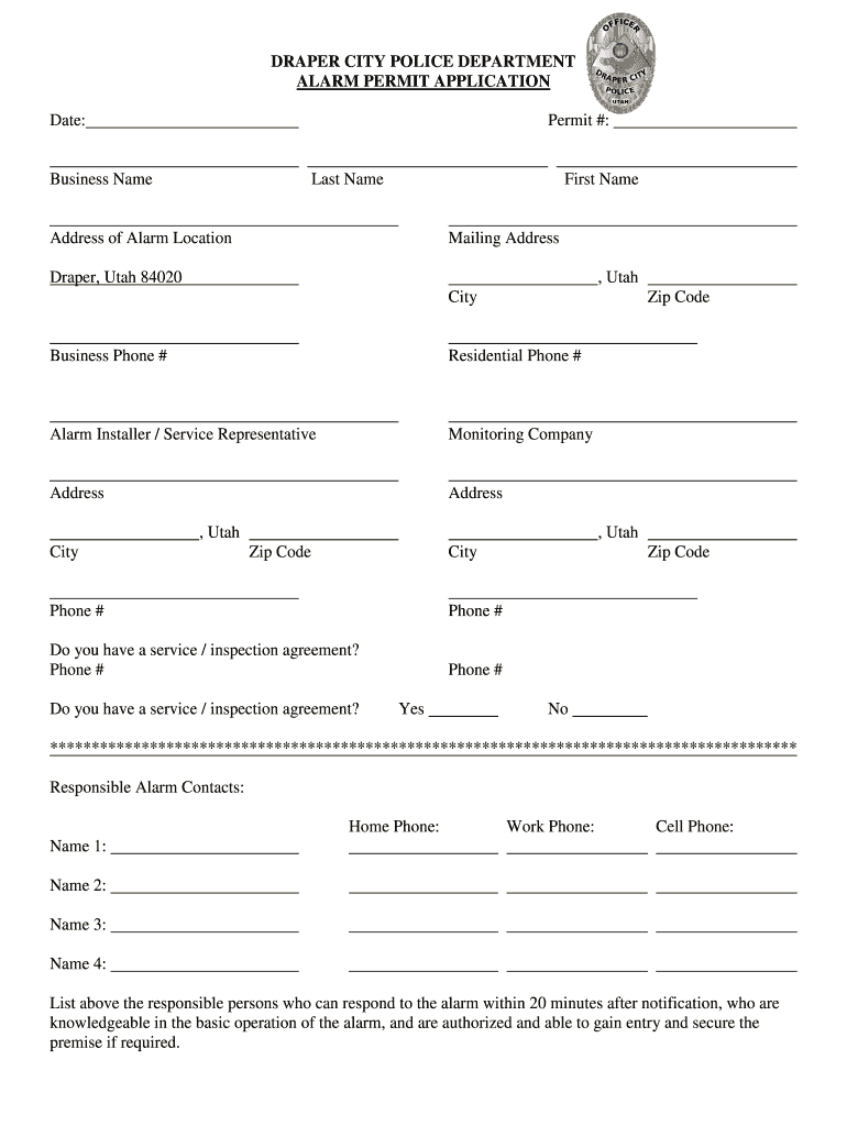 Draper City Police Department Alarm Permit Application Form