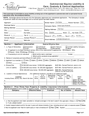 Commercial Equine Liability &amp; Care, Custody &amp; Control Application  Form