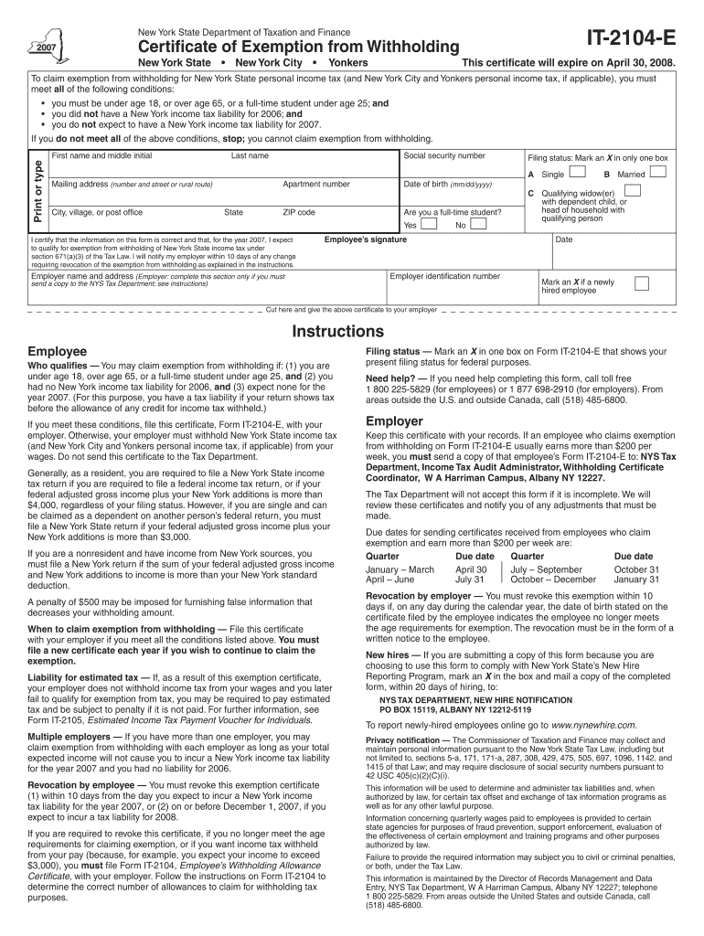 Form it 2104 E Certificate of Exemption from Administration