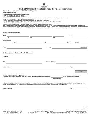MEDICAL WITHDRAWAL HEALTHCARE Marquette University Marquette  Form