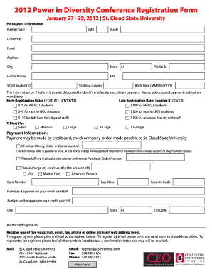 Power in Diversity Conference Registration Form January 27 29, St Stcloudstate