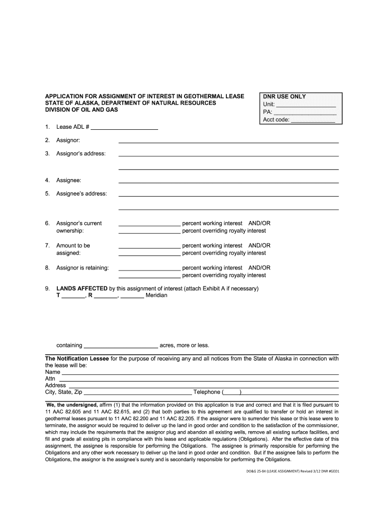 Assignment of Interest in a Geothermal Lease Packet  Dog Dnr Alaska  Form