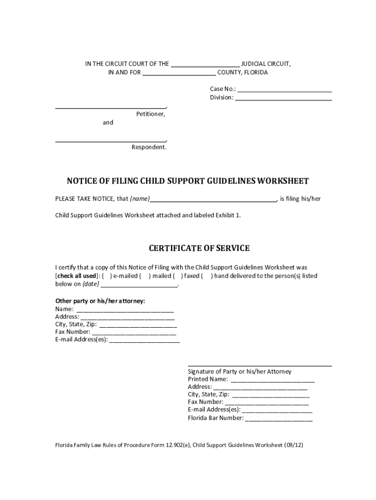 Florida Child Support Worksheet Excel  Form