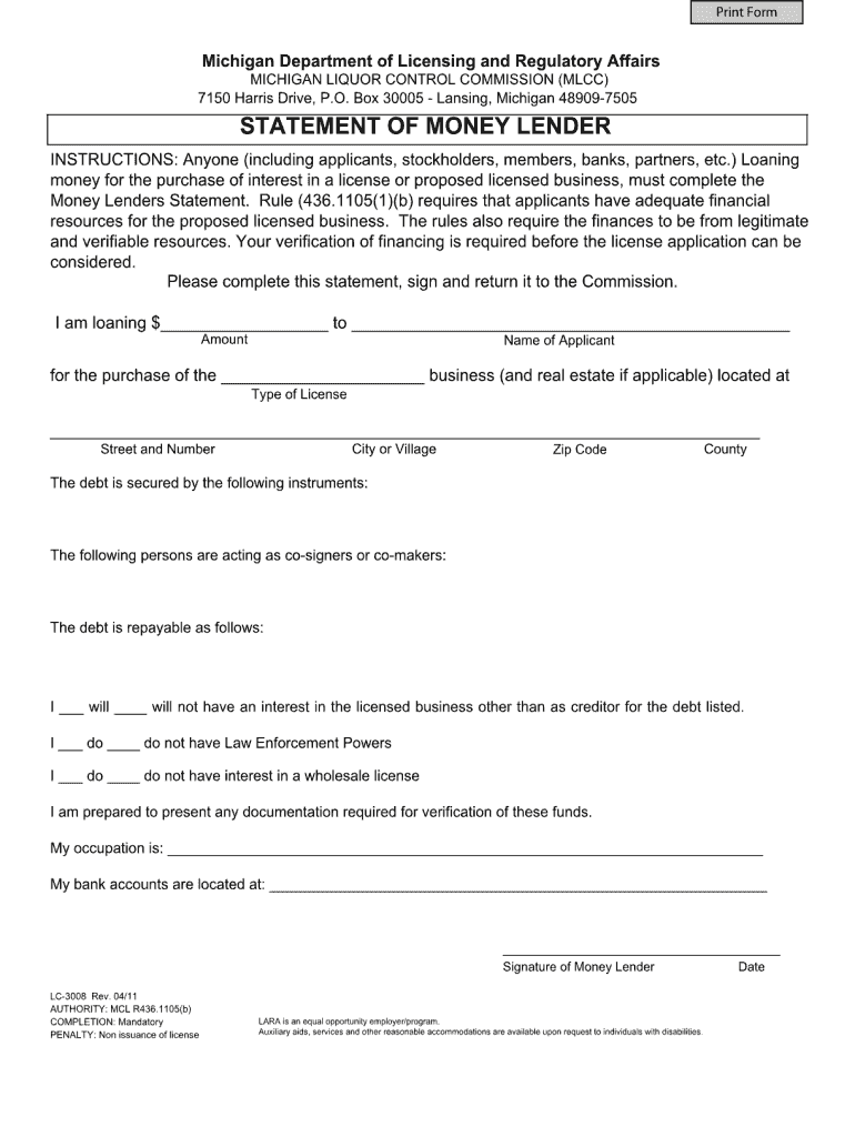  Mlcc Statement of Money Lender Form 2011