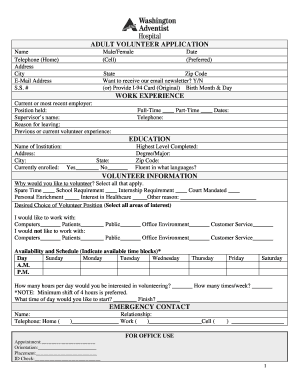 Washington Adventist Hospital Volunteer  Form