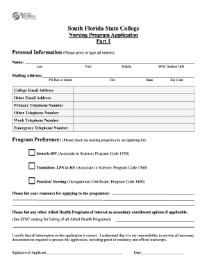 Nursing Generic RN Program Application Southflorida  Form