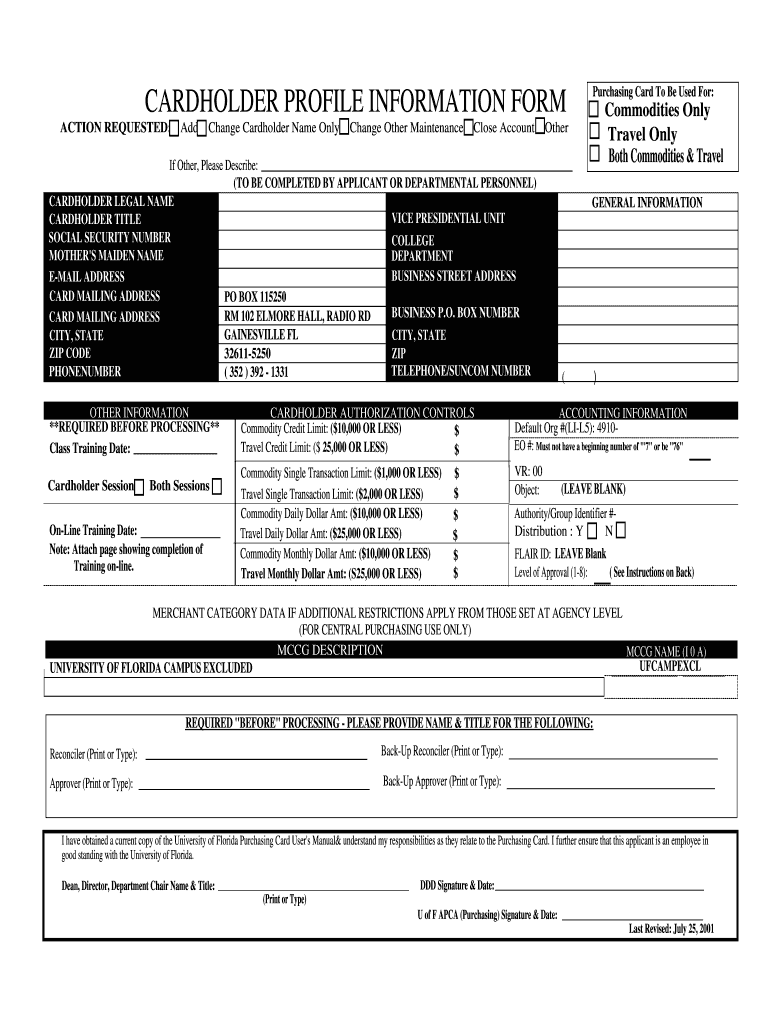 CARDHOLDER PROFILE INFORMATION FORM Forms Ifas Ufl