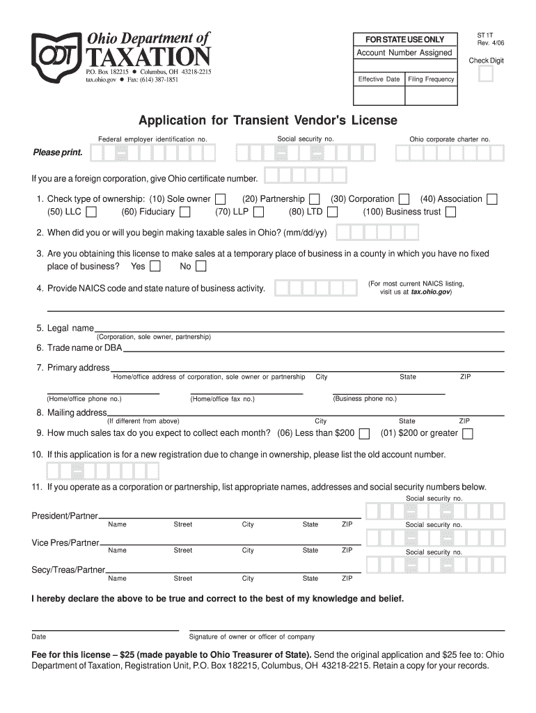  Ohio Vendors License Form 2006-2024