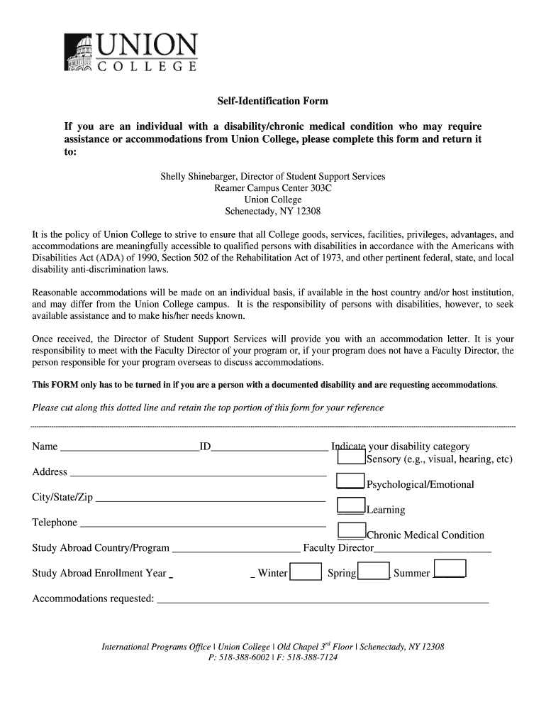 Self Identification Form If You Are an Individual with Union College Union
