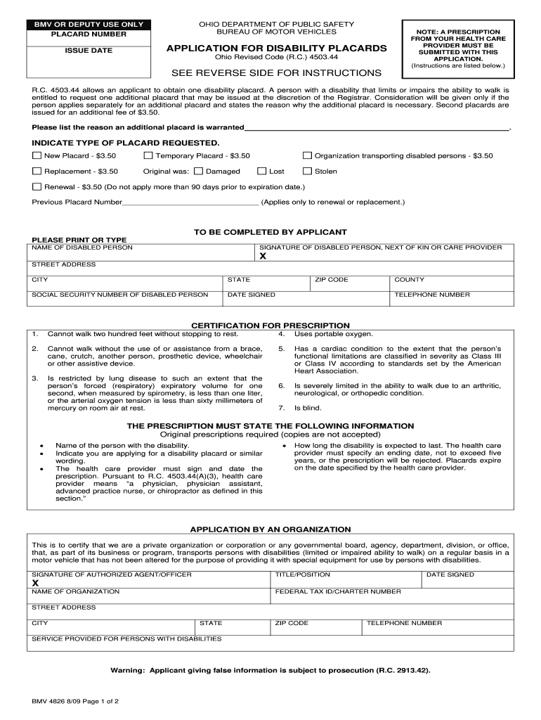  Form Bmv 4826 Placard Application Ohio 2009