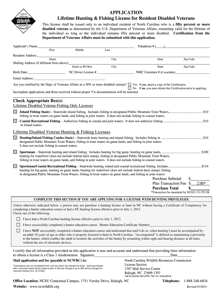  Nc Fishing License Disabled Veterans Fillable Form 2014
