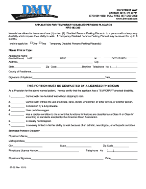 Application for a Temporary Disabled Placard Unr  Form