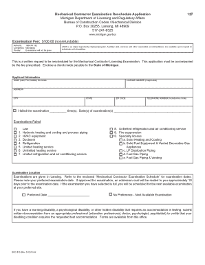 Mechanical Contractor Examination Reschedule Application Michigan  Form