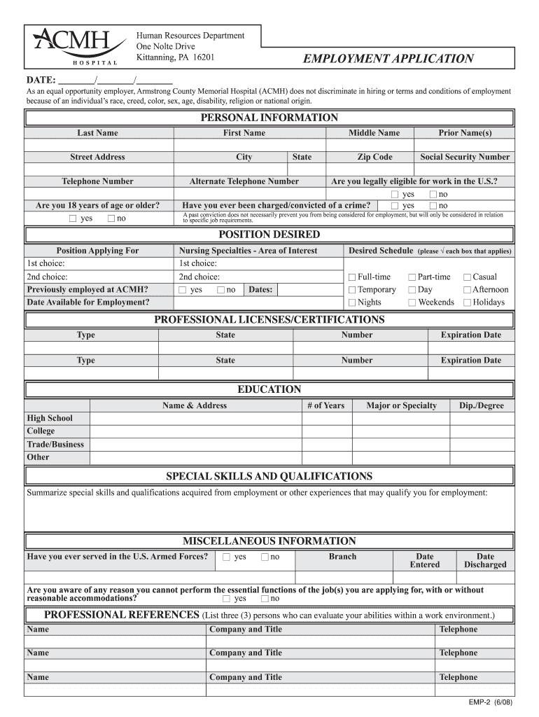 Get and Sign Acmh Employment 2008-2022 Form