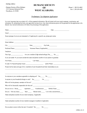 Cat Adoption Application Humane Society of West Alabama Humanesocietyofwa  Form