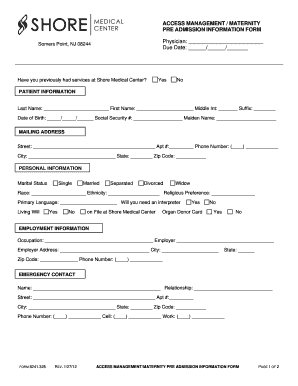 ACCESS MANAGEMENT MATERNITY PRE ADMISSION Shoremedicalcenter  Form