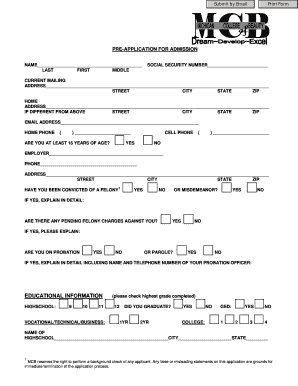 PRE APPLICATION for ADMISSION  Form