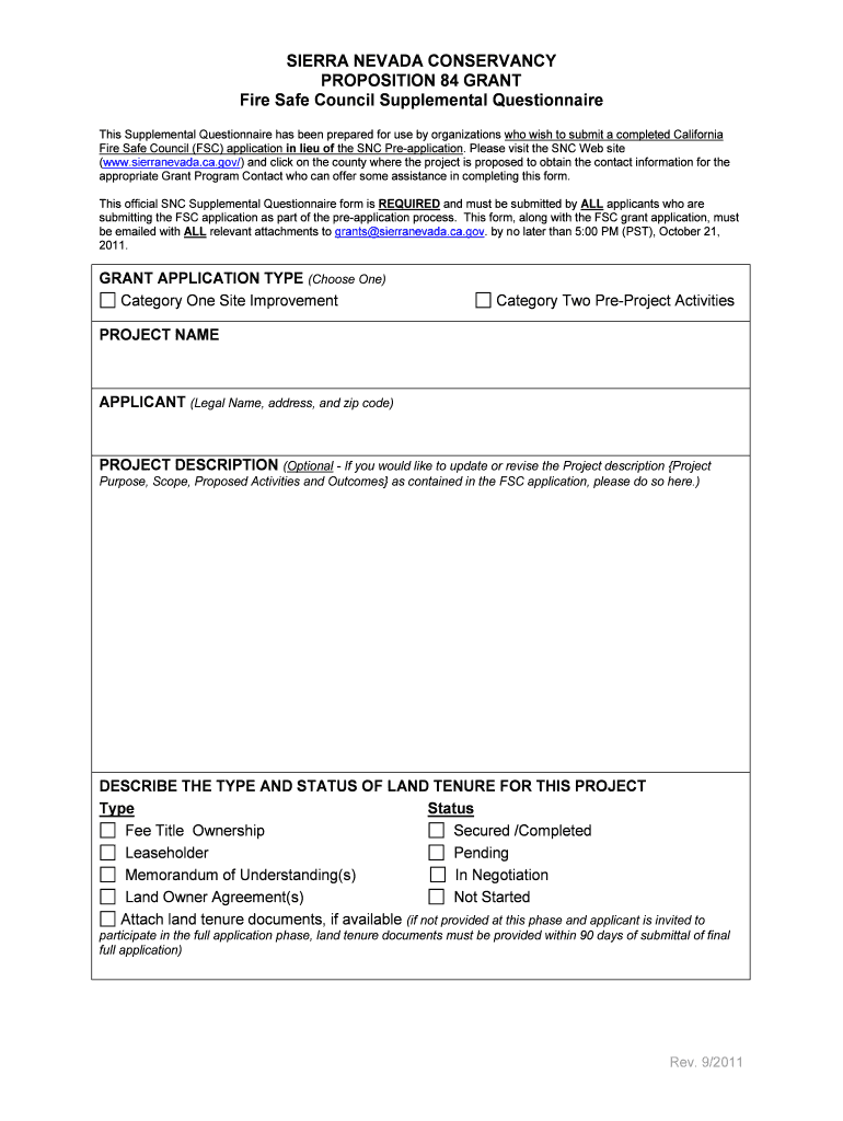 SIERRA NEVADA CONSERVANCY PROPOSITION 84 GRANT Fire Sierranevada Ca  Form