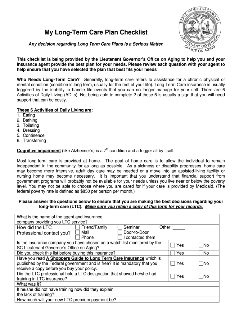 My Long Term Care Plan Checklist Office on Aging Aging Sc  Form