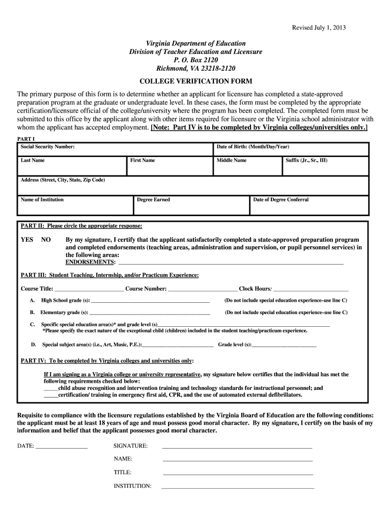  Vdoe College Verification Form Fillable 2013