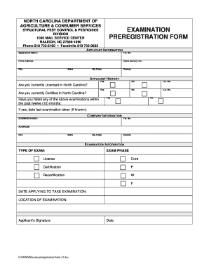Examination Preregistration Form North Carolina Department of Ncagr